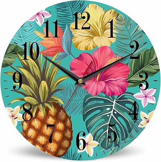 Tropical Pineapple Wall Clock Blooming Hibiscus Flowers Palm Exotic 10 Inch Silent Non Ticking Battery Operated Clock Vintage Round Clock for Living Room Bedroom Bathroom Office Decor