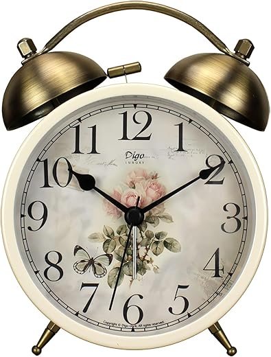 Twin Bell Alarm Clock, Retro Analog Alarm Clock Silent Non-Ticking Quartz with Nigh Light, Small Desk Clock for Bedside Table, Battery Operated (Rose)