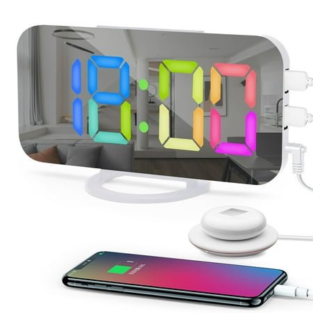 U-pick 6.6 Digital Alarm Clock for Bedroom Mirror Digital Clock Large Numbers Colorful LED Display Alarm Clock with 2 USB Charging Ports, Dimmable, Battery Backup, Snooze, Night Mode, 12/24H, White