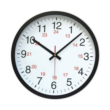 Universal 24-Hour Round Wall Clock, 12.63 Overall Diameter, Black Case, 1 AA (sold separately)