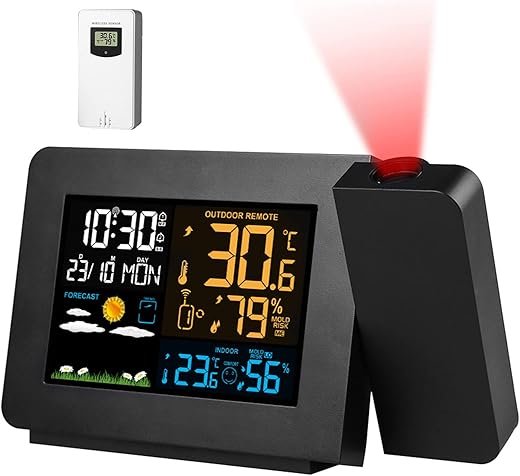 Upgraded Projection Weather Alarm Clock Atomic Projection Alarm Clock Night Light Clock Radio Control Clock Wireless Temperature Humidity Sensor WWVB Function Dual Alarms Snooze for Bedroom