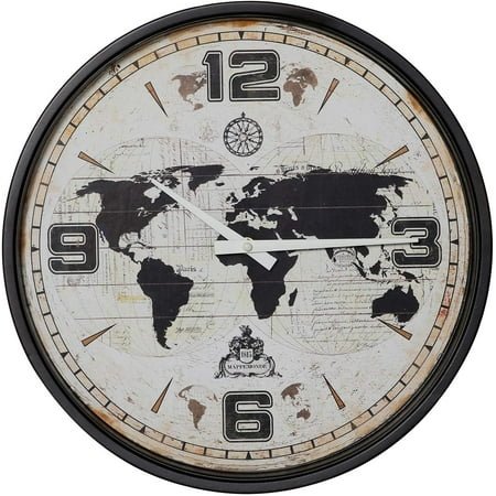 VECELO 15.3 Inch Wall Clock Black Frame Iron Map Round Clock Modern Decor