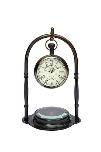 Victoria London Antique-Style Mantel Clock with Compass,1876, Brass and Glass-Decorative Item for Desk Tabletops and Office Table