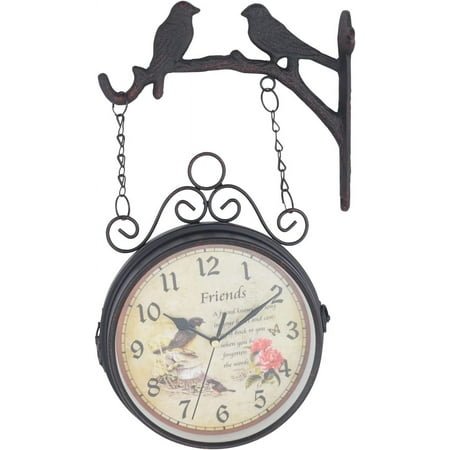 Vintage Double Sided Wall Clock for Home Room Office Farmhouse - Retro Iron Silent Two Faces Innovative Classic Wall Hanging Clocks with Bird Decor