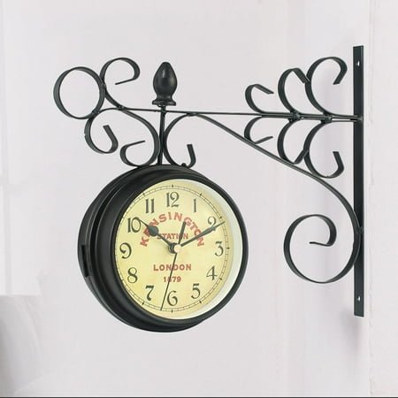 Vintage Double Sided Wall Clock Metal Silent Central Station Wall Clock Art Clock Outside Hanging Two Faces Decorations