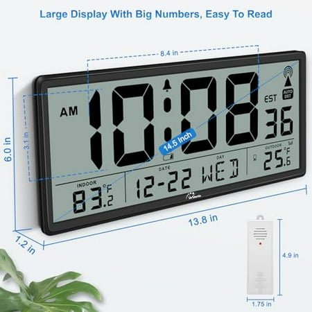 WallarGe Atomic Clock with Indoor Outdoor Temperature - Easy to Read - Self Setting, 14.5'' Jumbo Auto Set Digital Wall Clock Battery Operated