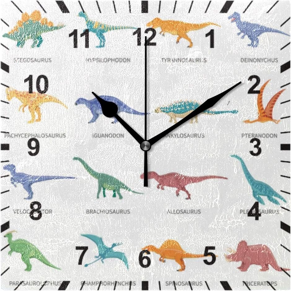 Wall Clock Dinosaur Colored Isolated Icons Silent Non Ticking Operated Round Easy to Read Wall Clocks for Kid's Bedroom Playroom Homeschool Classroom,9.5 Inches(24cm)