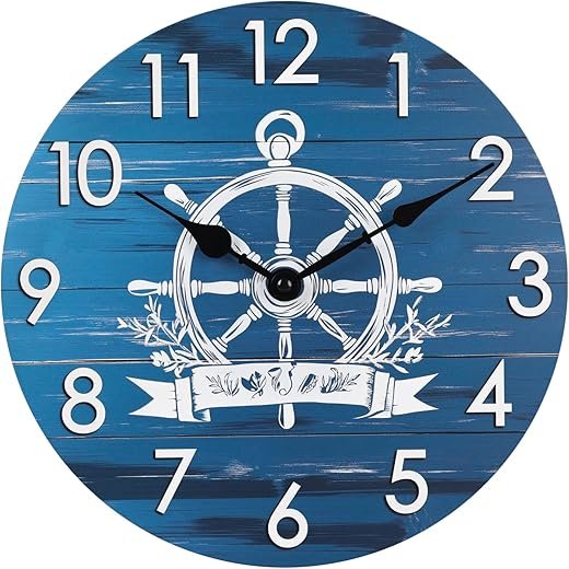 Wall Clock,Nautical Style Beach Coastal Rustic Decorative for Bathroom,Bedroom,Home - 12 Inch Blue,Ship Steering Wheel Theme