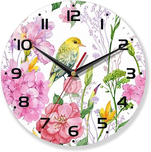 Wall Clocks Battery Operated,Bird Clock for Living Room,Watercolor Flowers Decorative Wall Clock for Living Room, Bedroom, Bathroom and Kitchen,10 Inch