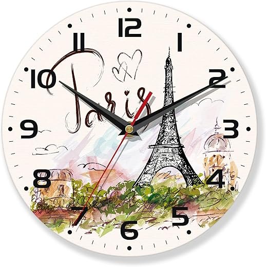 Wall Clocks,Eiffel Tower Paris 10 Inch Wall Clock,Summer Small Battery Operated Wall Clocks Decorative for Kitchen/Living Room/Bedroom/Bathroom/Dining Room