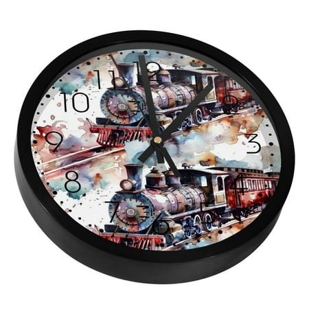 Watercolor Trains on Railway Silent Wall Clock, Non Ticking Battery Operated 9.8 Inch Wall Clocks for Bedroom Kitchen Home Office School Art Decor