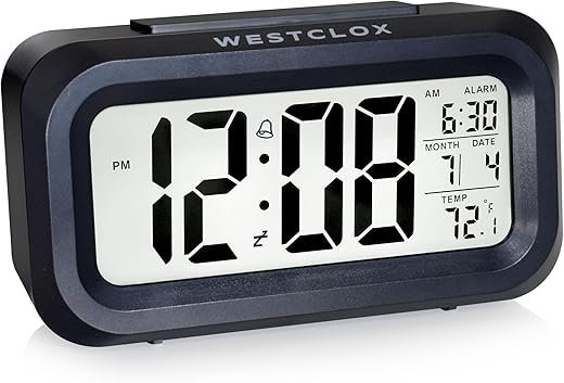 Westclox Alarm Clock with Large Digital Display and Shallow White Backlight, Month/Date and Temperature Display with Ascending 5 Minute Snooze Alarm, Black