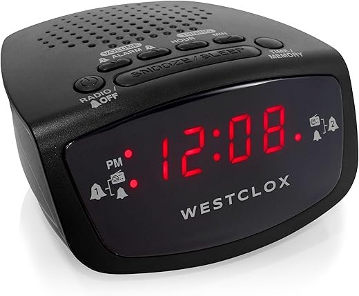 Westclox Dual Alarm Clock Radio 0.6 Red LED Display, FM Radio with 20 Presets, Adjustable Brightness, Snooze & Battery Backup, Digital FM Clock Radio Alarm for Bedrooms (Black)