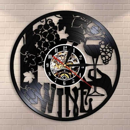 Wine Logo Wall Clock Winery Bottle Glass Grape Vine Drink Drinking Alcohol Liquor Pub Bar Label Emblem Vinyl Record Wall Clock