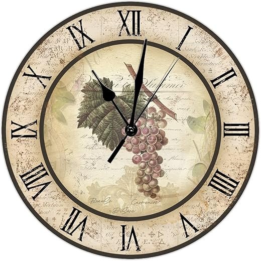 Wines Grape Clock French Country Kitchen Clocks Wine Tasting 12 Inch Wall Clocks Battery Operated Non-Ticking Roman Numerals Retro Wall Decor Home Decor for Bedroom Living Room Office