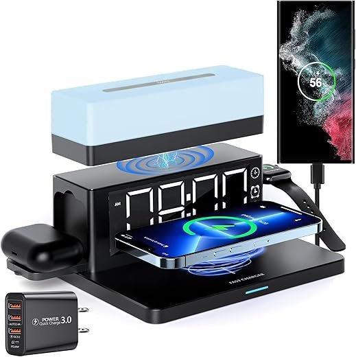 Wireless Charger,6 in 1 Wireless Charging Station with Digital Alarm Clock&Night Light,15W Fast Charger Compatible with iPhone 16/15/14/13/12/11,Samsung Galaxy AirPods & Apple Watch