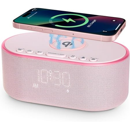 Wireless Charging Alarm Clock Radio: Certified Fast Wireless Charger for iPhone Samsung - 10W Stereo Bluetooth Speaker - Dimmable Digital Clock with FM Radio for Bedroom Pink