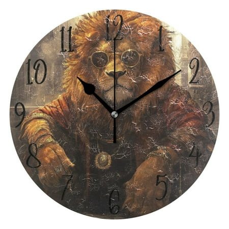 WOBOGO Bossy Lion Illustration Wall Clock 10in Silent Mechanism Battery Operated Retro Style for Living Room Bedroom and Kitchen Black Pointer