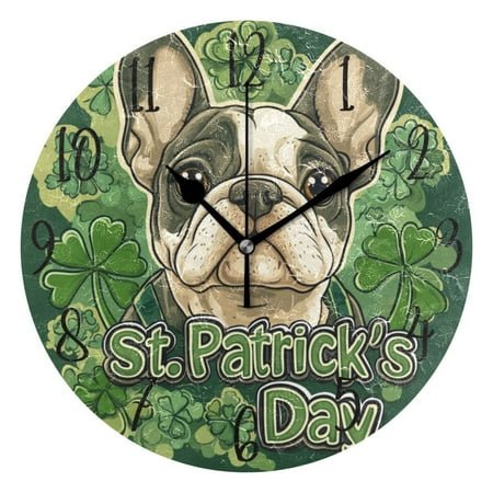 WOBOGO Stpatricks Day Cute Bulldog Wall Clock 10in Silent Mechanism Battery Operated Retro Style for Living Room Bedroom and Kitchen Black Pointer