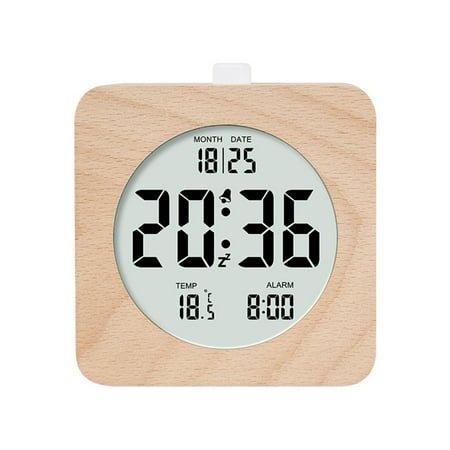 Wooden Round Square Digital Alarm Clock Calendar and Temperature Displayed