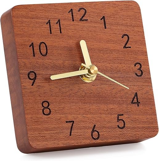 Wooden Table Clock on Stand, Decorative Battery Operated Desk and Shelf Clock, Silent Non-Ticking Desktop Clock for Office, Living Room or Bedroom Decor, Square Shape, Sapele Wood