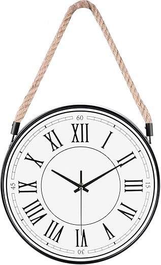 WOOPHEN Rope Hanging Wall Clock Battery Operated, Silent Non-Tick 12 Inch Roman Numerals Retro Rustic Country Luxury Art Vintage Lanyard Wall Clocks for Living Room/Kitchen/Bedroom/Office/Classroom