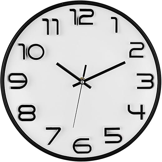 WOOPHEN Wall Clock, 12 Inch Silent Non Ticking Battery Operated Quality Quartz Wall Clocks Modern Decorative for Bedroom Office Home, 3D Numbers Easy to Read, White