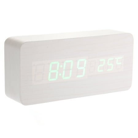 WORGEOUS 013-12 USB /AAA Powered Shaped Voice Control Green Light Digital LED Wooden Desk Alarm Clock with Date /Temperature (White)