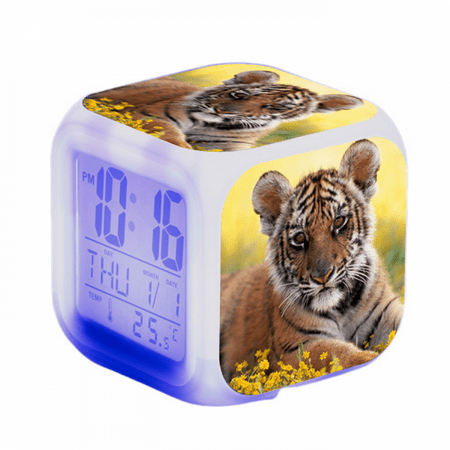 XIHAMA-Digital Alarm Clock for Bedroom, LED Digital Bedroom Alarm Clock Easy Setting Cube Wake Up Clocks with 3 Sided Tiger Pattern Soft Nightlight Large Display Ascending Sound