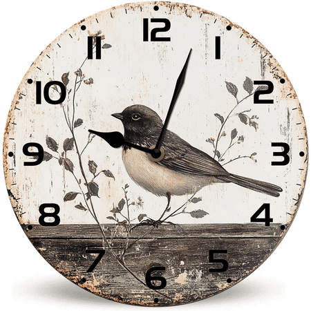 Ymaotrade Bird French Country Tuscan Style Wooden Wall Clock 10in Silent Non-Ticking Battery Operated Wall Clock, Rustic Farmhouse Wall Clock for Living Room, Kitchen, Home,Bathroom, Bedroom