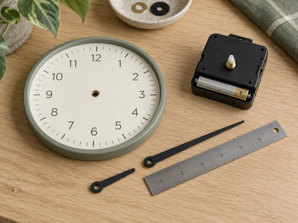Quartz clock movement beside a clock dial and detached hands Quartz clock movement beside a clock dial and detached hands - clock repair