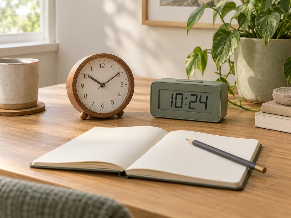 Analog and digital clocks beside a notebook for comparing options Analog and digital clocks beside a notebook for comparing options - compare clocks