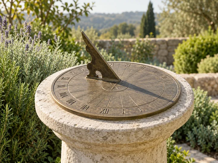 Bronze sundial on a stone pedestal in a garden Bronze sundial on a stone pedestal in a garden - garden sundial