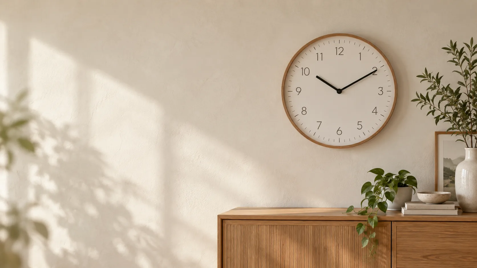 Round wall clock above a wooden sideboard in a softly lit home Round wall clock above a wooden sideboard in a softly lit home - hero room